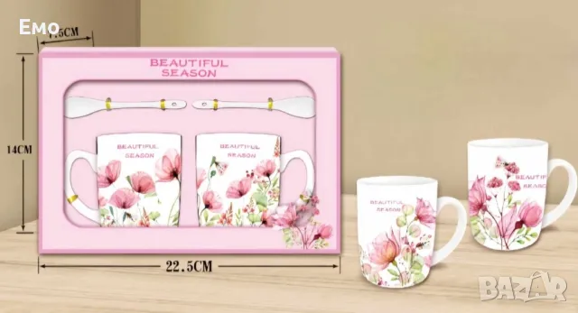 Порцеланов комплект - 2 чаши с 2 лъжици, снимка 2 - Чаши - 48410521