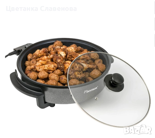 Електрически тиган Bestron AHP1200 със стъклен капак, незалепващо покритие, диаметър 28,5 см, снимка 5 - Котлони - 52443549