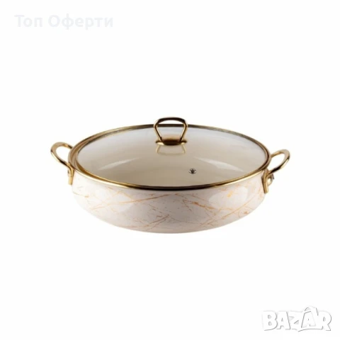 Тенджера Goldmann 24x8см. 3.2л./ 26x8.5см. 4л. Плитка. Емайл. Индукция. Бял/Старо злато, снимка 2 - Съдове за готвене - 50442131