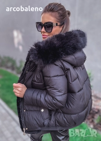 Черно дамско ватирано яке с кожа , снимка 2 - Якета - 52154523