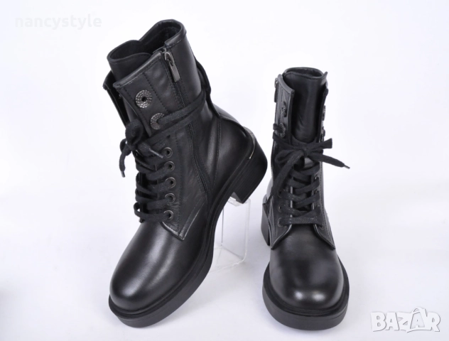 НОВО! Кожени дамски боти с връзки и цип, снимка 2 - Дамски боти - 52289870