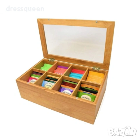 4633 „Луксозна бамбукова кутия за чай със стъклен капак – Елегантност за 8 вида чай“