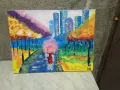 	Картина Цветна разходка под дъжда 40х30см маслени бои подписана, снимка 5