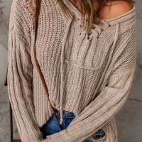Дамски накъсан пуловер в бежово, с качулка и връзки, снимка 3 - Блузи с дълъг ръкав и пуловери - 44321117