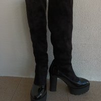 Дамски черни дълги ластични ботуши с висок ток и дебела подметка и лачена основа, снимка 10 - Дамски ботуши - 41845335