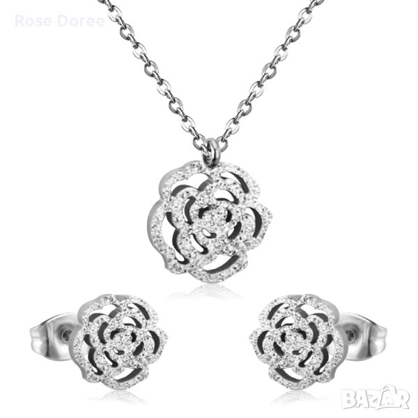 RD 305 Комплект Роза бижута обеци и колие в сребристо медицинска стомана подарък, снимка 1