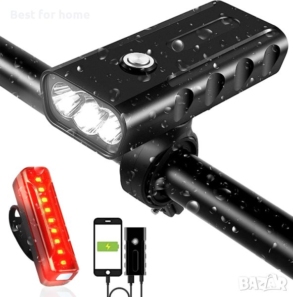 USB Мощен фар, акумулаторна светлина за велосипед + задна светлина за велосипед, снимка 1