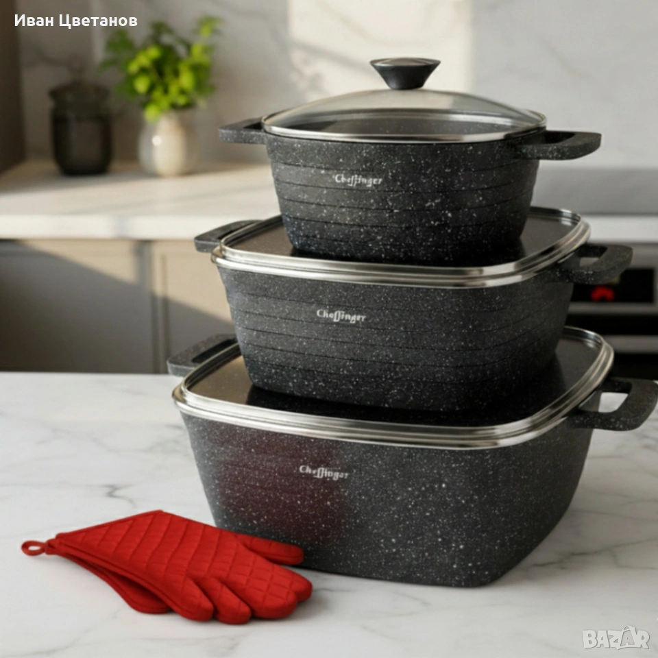 Комплект тенджери – Cheffinger от 3 части с мраморно покритие и капаци + подарък 2 ръкавици, снимка 1