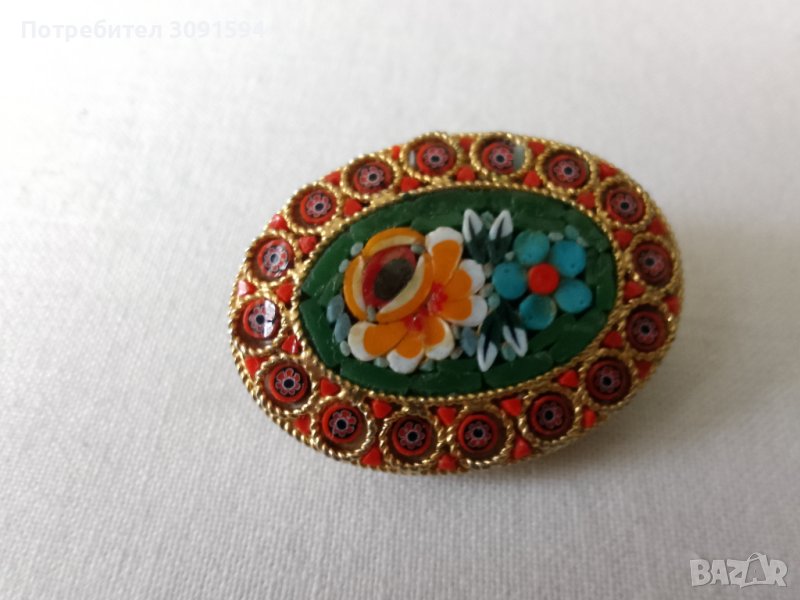 Винтидж италианска микромозайка с флорална овална игла, брошка, снимка 1