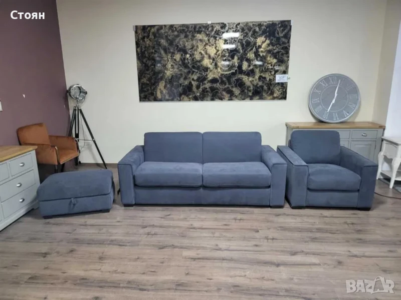 Сив комплект от плат диван тройка с функция сън, фотьойл и табуретка, снимка 1