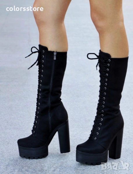 Ботуши на ток - черен велур с черно ходило - 593, снимка 1
