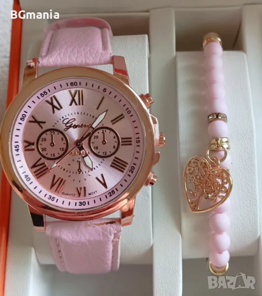 Уникален дамски комплект часовник с гривна в стилно розово и изящно бижу, снимка 1