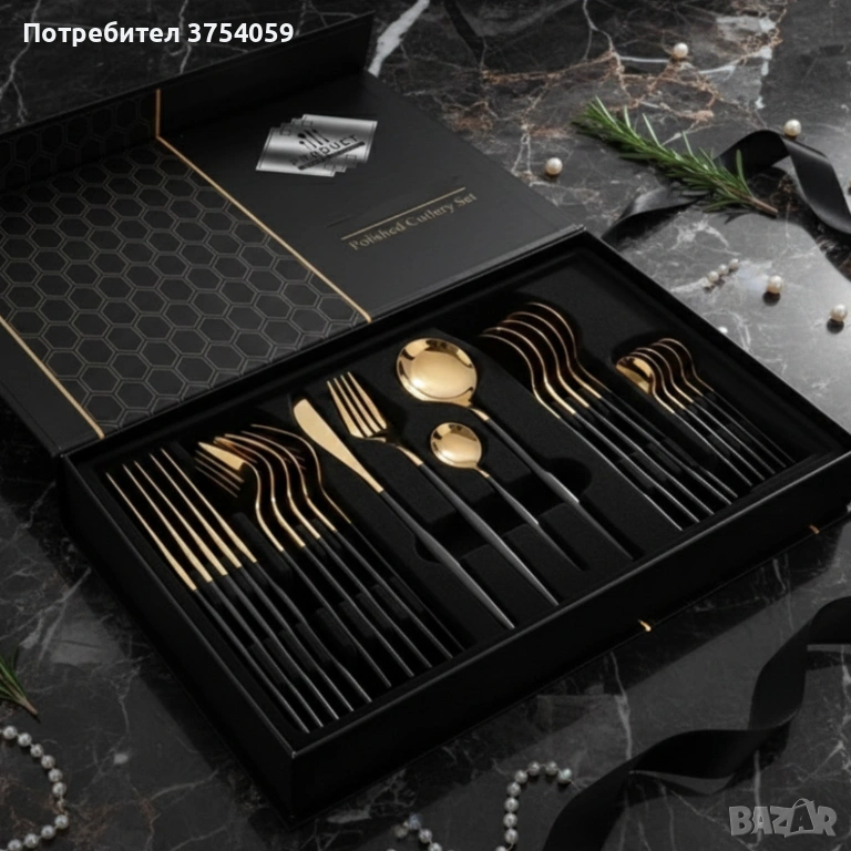 Комплект прибори за хранене от 24 части с луксозен дизайн и магнитна кутия в златисто и черно, снимка 1