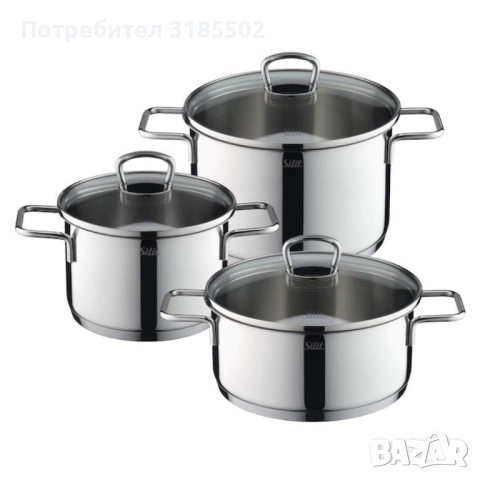 Комплект 3 тенджери Silit Alicante, Стъклени капаци, Сребърен