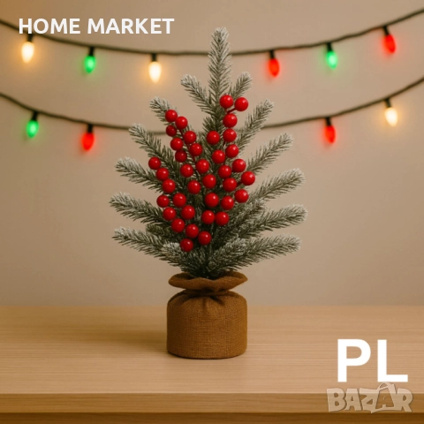 Мини коледна елха със заснежени клонки и декоративни червени плодове, снимка 2 - Други - 52706763
