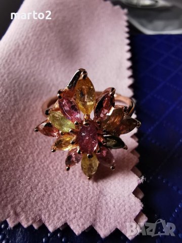 Елегантен Сребърен 925 Пръстен с позлата и натурални Турмалини!, снимка 10 - Пръстени - 40435935
