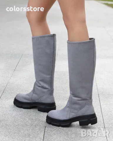 Равни ботуши - сив велур - BMK10, снимка 3 - Дамски ботуши - 48427717