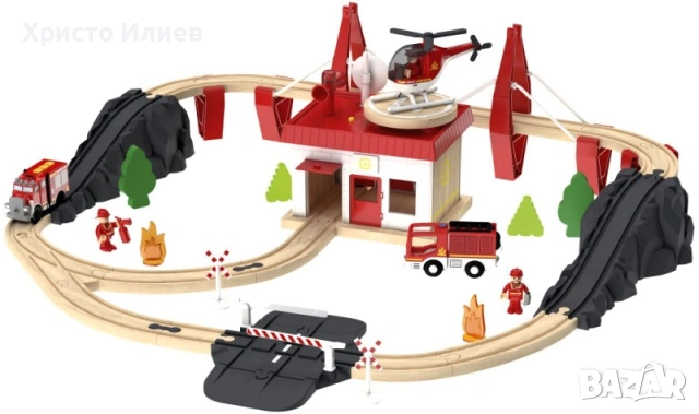 Дървена железница дървен влак с релси с пожарна противопожарна станция, снимка 5 - Образователни игри - 53793741