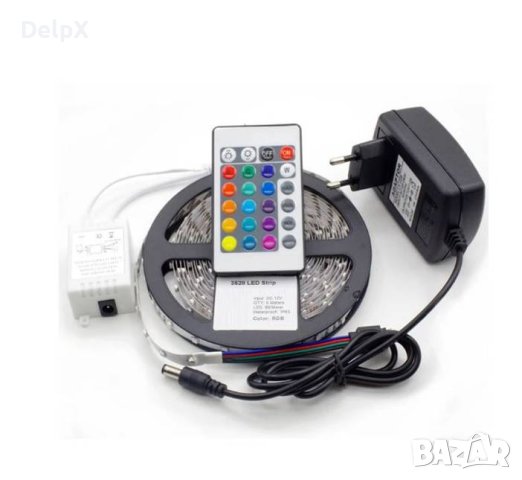 Комплект светодиодна лента, SMD3528, 60 диода, захранване, контролер, самозалепваща, RGB, IP54, 12VD