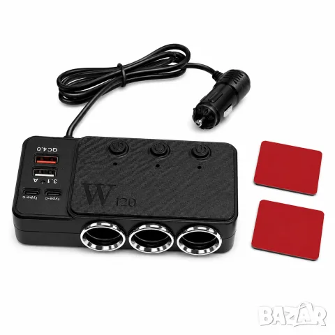 Разклонител за запалка с 3 гнезда USB QC 4.0 и 2 Type-C порта