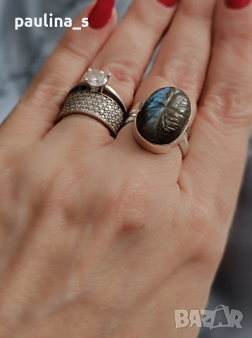 Два броя / Винтидж / Сребърен пръстен проба 925 с гравиран Лабрадорит и Празеолит , снимка 4 - Пръстени - 51996675