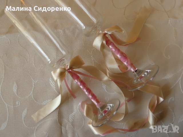 Сватбени чаши с украса от сатен и тюл, снимка 2 - Други - 39984196
