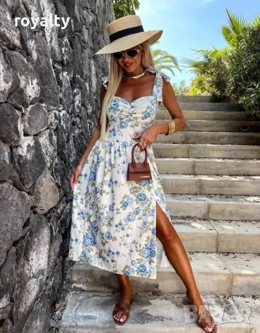 Дамска лятна рокля с принт на сини цветя, снимка 2 - Рокли - 50187371