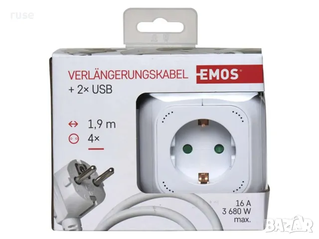 НОВИ! Разклонител куб Emos 4 гнезда 2xUSB 3680W 16A 1.9м с държач защита за деца , снимка 9 - Други инструменти - 48778364