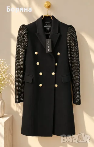 Replica Moda ново с етикет палто вълна с кожени ръкави