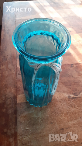 ваза стъклена синя дизайнерска качествена висока 30 см, снимка 2 - Вази - 44921955