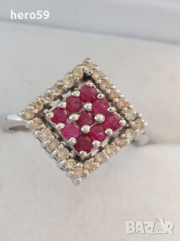Дамски златен 18 к.пръстен с рубини и брилянти, снимка 2 - Пръстени - 36150270