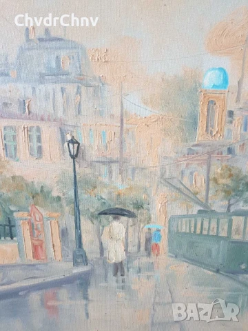 99х79см/голяма гръцка картина масло върху платно/градски пейзаж-трамвай-дъжд/дървена рамка, снимка 2 - Картини - 51177481