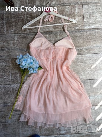 Нежна елегантна ефирна женствена рокля 3Д цветя рокля в прасковен цвят, снимка 5 - Рокли - 41794700