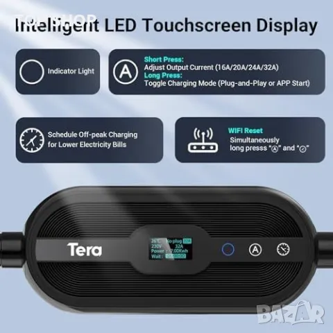 Tera Smart Portable EV Charger 7.6kW Type 2 EV Charger CE & TÜV 32A 240V APP WiFi Bluetooth, снимка 7 - Друга електроника - 48723911
