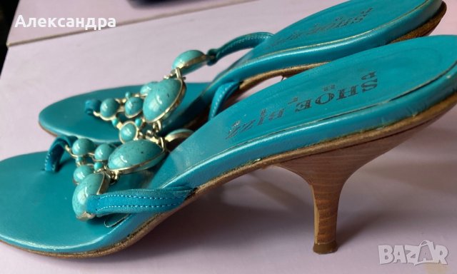 Чехли от естествена кожа с тюркоазени камъни, снимка 12 - Чехли - 42011237