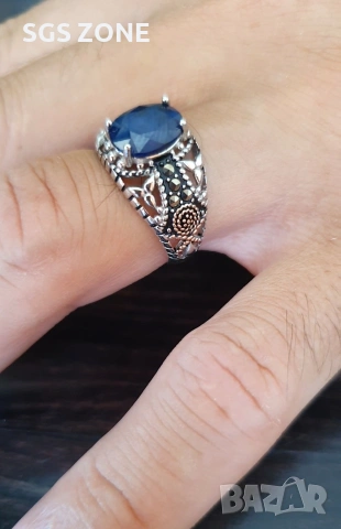 Мъжки сребърен пръстен със сапфир и марказит
