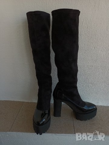 Дамски черни дълги ластични ботуши с висок ток и дебела подметка и лачена основа, снимка 10 - Дамски ботуши - 41845335