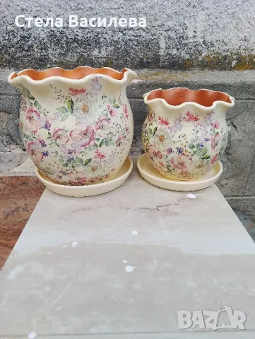 Комплект керамични саксии с подложки , снимка 2 - Саксии и кашпи - 50429680