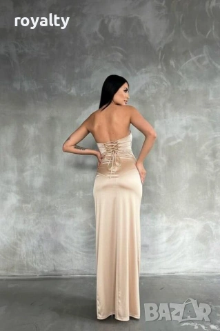 Вечерна рокля с кръстосана деколте - с колан и стилен дизайн, бежова, снимка 2 - Рокли - 53706425