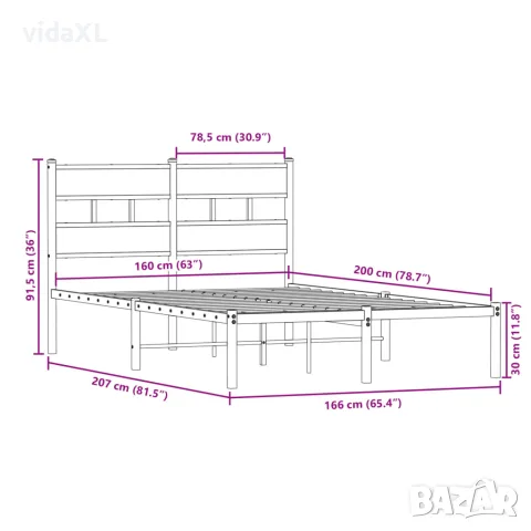 vidaXL Метална рамка за легло, без матрак, опушен дъб, 160x200 см, снимка 9 - Спални и легла - 56147484