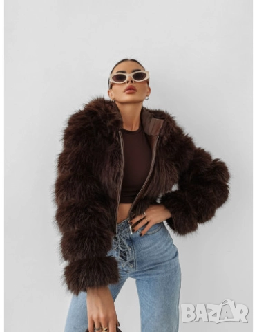 Късо пухено палто с дълъг косъм  кафяво 