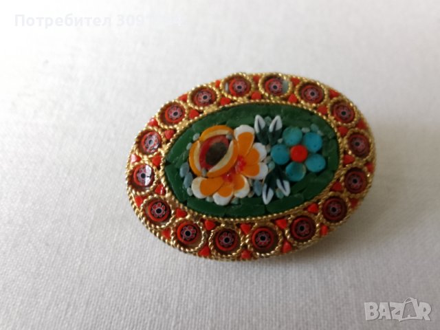 Винтидж италианска микромозайка с флорална овална игла, брошка