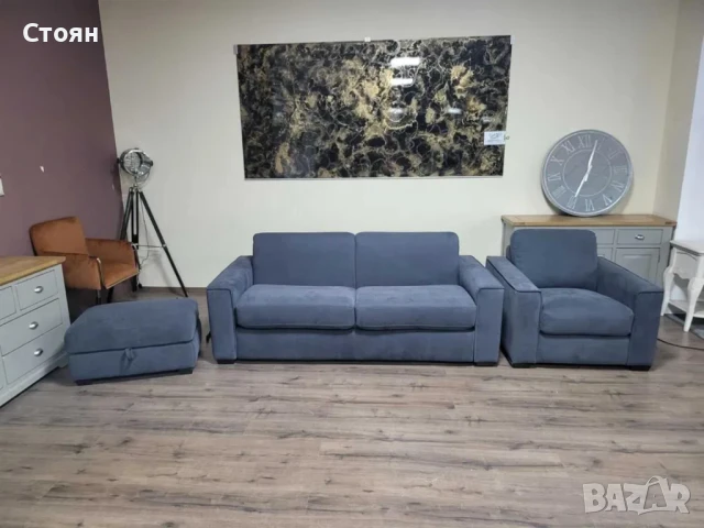 Сив комплект от плат диван тройка с функция сън, фотьойл и табуретка