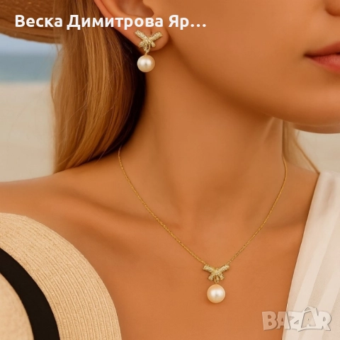 Комплект колие и обеци с перли и панделки/ устойчив метал, снимка 6 - Бижутерийни комплекти - 51459478