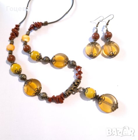 Уникален Бохо комплект бижута обици и колие с камъни Цитрин, Седеф,Яспис,Слънчев камък , снимка 8 - Бижутерийни комплекти - 42550962