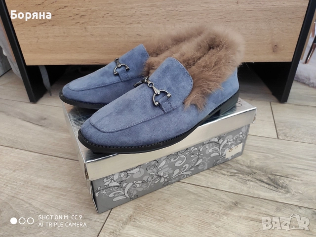 Нови дамски сини лоуфъри с естествен пух, снимка 7 - Дамски ежедневни обувки - 52235129