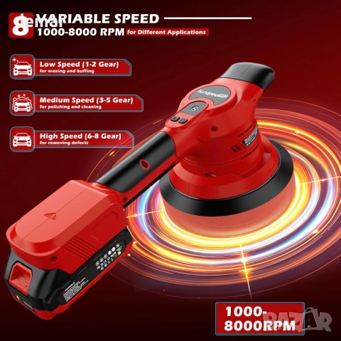 Безжична полираща машина за автомобили, 8000 об/мин, 8 скорости, 2 x 2.0Ah батерии, снимка 3 - Други инструменти - 52732725