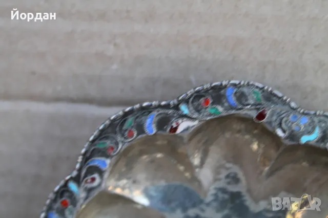 Сребърна чинийка/поднос с емайл, снимка 3 - Други ценни предмети - 50109428