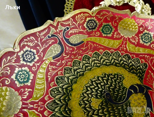 Повдигната бронзова фруктиера,паун,цветен клетъчен емайл. , снимка 6 - Антикварни и старинни предмети - 52417388