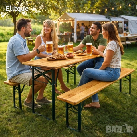 Сгъваем комплект градинска маса с 2 пейки - От чамово дърво, с отвор за чадър, снимка 3 - Други стоки за дома - 53501318